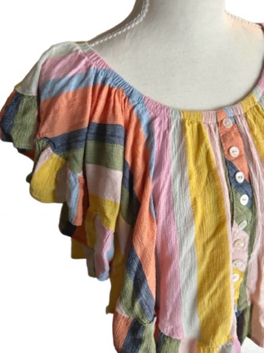 Crop Angie Pastel Rainbow StripeTop Shirt Large Boho Cropped Ruffle Beach Beachy - Picture 2 of 11